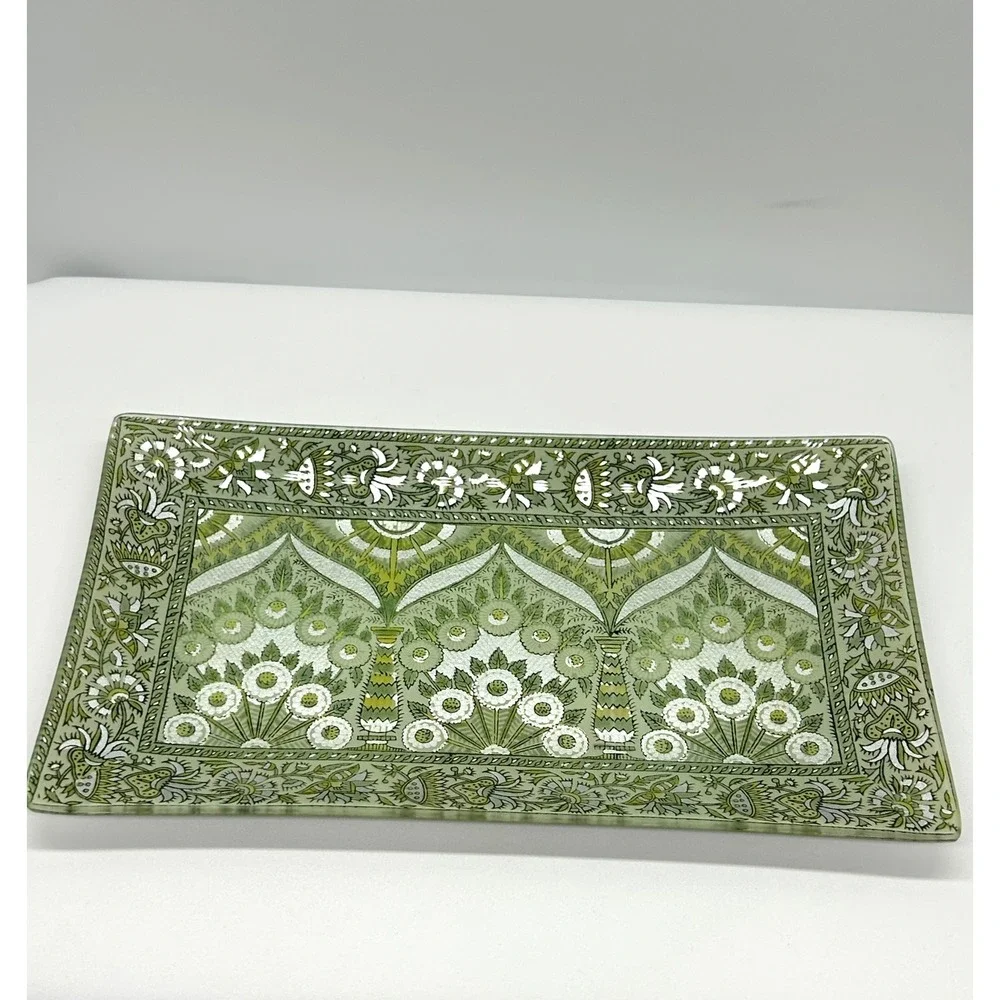 Pottery Barn Green Silver Floral Glass Decorative Tray Rectangular Platter